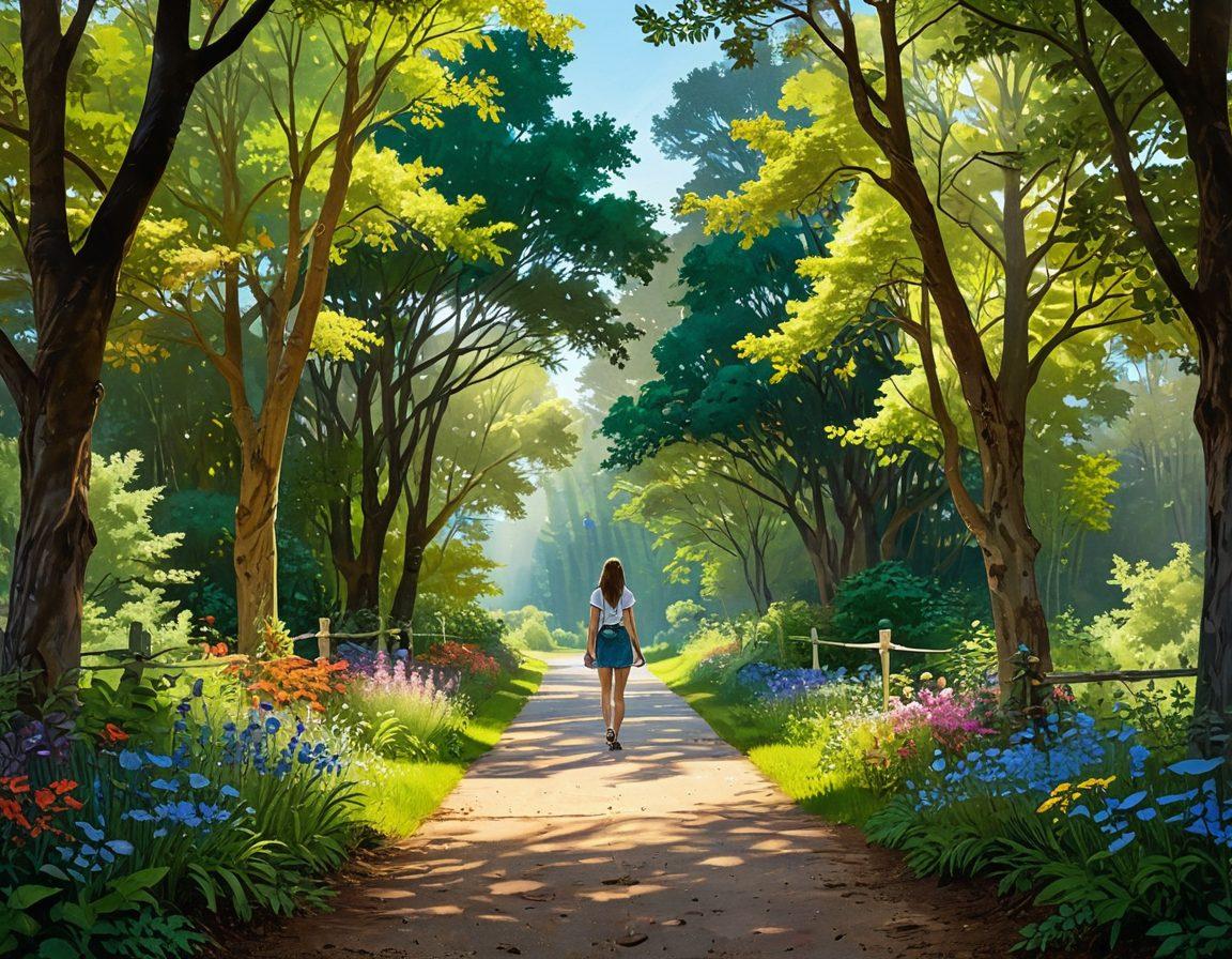 A serene landscape depicting a young person standing at a crossroads surrounded by lush greenery, symbolizing choices in mental health. Add gentle sunlight filtering through trees, with subtle, hopeful elements like butterflies and blooming flowers to represent growth and resilience. Include a path leading towards two distinct areas: one with vibrant colors representing positivity, the other more muted to signify challenges. The sky above should be a blend of warm colors, signifying hope and balance. super-realistic. vibrant colors. peaceful atmosphere.