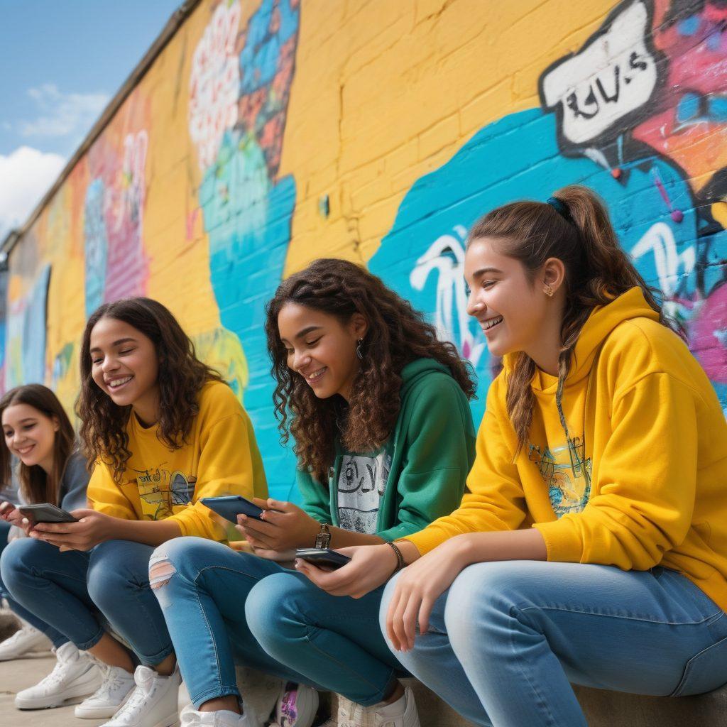 A vibrant and dynamic scene depicting a diverse group of teenagers engaged in various activities representing empowerment, such as discussing mental health, building relationships, and enjoying life experiences. The backdrop features elements that symbolize youth culture, like graffiti art and tech gadgets, with warm and uplifting colors. The teenagers are shown in a supportive environment, demonstrating friendship and resilience. super-realistic. vibrant colors. white background.